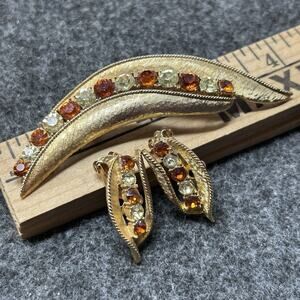 Vintage Coro 3pc Brooch & Clip-On Earrings Gold Tone & Fall Colored Rhinestones